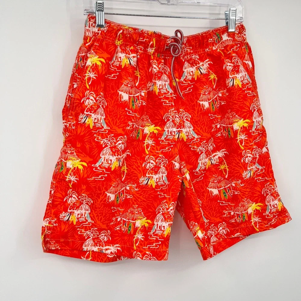 Peter Millar Mens Red Tropical Beach Hut Print Swim Trunks Size M Board Shorts‎